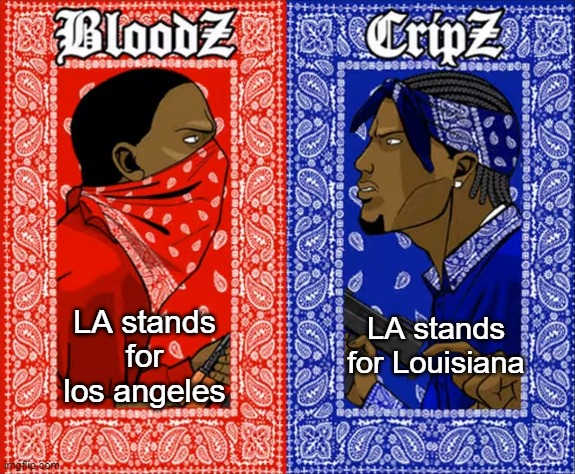what side are y'all on? | LA stands for los angeles; LA stands for Louisiana | image tagged in which side are you on | made w/ Imgflip meme maker