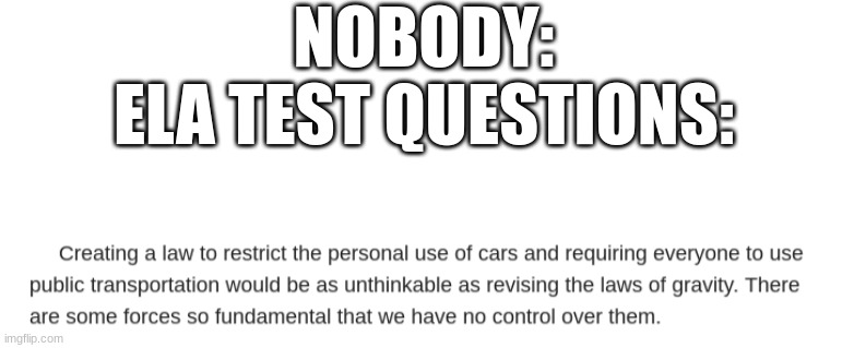 what | NOBODY:
ELA TEST QUESTIONS: | image tagged in blank white template | made w/ Imgflip meme maker