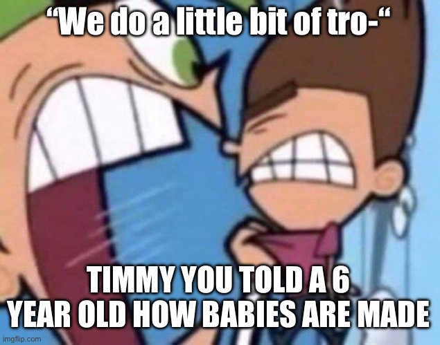 Cosmo yelling at timmy | “We do a little bit of tro-“; TIMMY YOU TOLD A 6 YEAR OLD HOW BABIES ARE MADE | image tagged in cosmo yelling at timmy | made w/ Imgflip meme maker