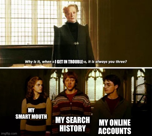 I’d like to know, guys | I GET IN TROUBLE; MY SMART MOUTH; MY ONLINE ACCOUNTS; MY SEARCH HISTORY | image tagged in always you three | made w/ Imgflip meme maker
