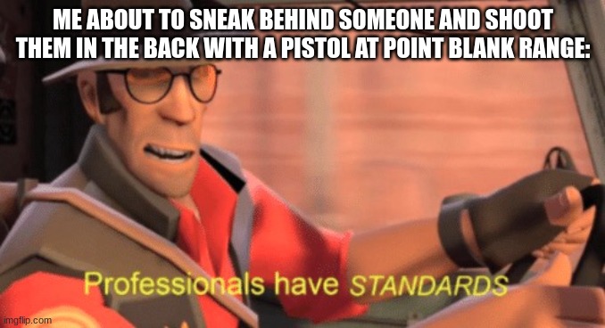 Ignore the rules of combat | ME ABOUT TO SNEAK BEHIND SOMEONE AND SHOOT THEM IN THE BACK WITH A PISTOL AT POINT BLANK RANGE: | image tagged in professionals have standards | made w/ Imgflip meme maker