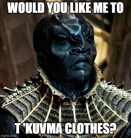 T'Kuvma | WOULD YOU LIKE ME TO; T 'KUVMA CLOTHES? | image tagged in star trek,star trek discovery,t'kuvma,klingon,star trek pun | made w/ Imgflip meme maker