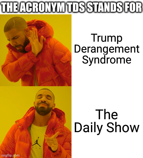 The real problem is TDSDS | THE ACRONYM TDS STANDS FOR; Trump Derangement Syndrome; The Daily Show | image tagged in memes,drake hotline bling | made w/ Imgflip meme maker