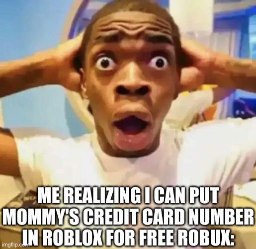 i am not responsible for any child putting their mother's credit card in to roblox. | ME REALIZING I CAN PUT MOMMY'S CREDIT CARD NUMBER IN ROBLOX FOR FREE ROBUX: | image tagged in shocked black guy,roblox | made w/ Imgflip meme maker