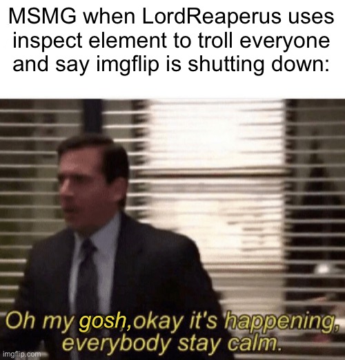 noooo | MSMG when LordReaperus uses inspect element to troll everyone and say imgflip is shutting down:; gosh, | image tagged in oh my god okay it's happening everybody stay calm | made w/ Imgflip meme maker