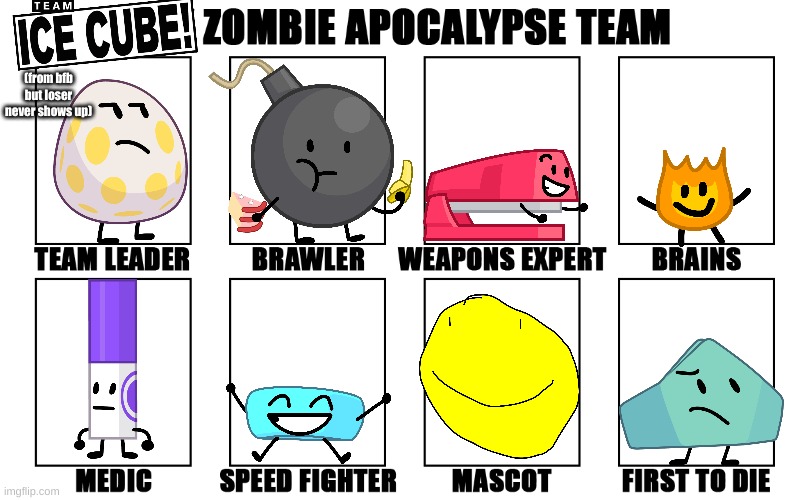 Team ice cube (from bfb but loser never shows up) zombie apocalypse team POGGERS O: | (from bfb but loser never shows up) | image tagged in my zombie apocalypse team v2 memes | made w/ Imgflip meme maker