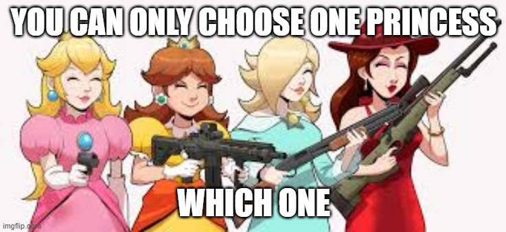 Yes I know Pauline isn't a princess | YOU CAN ONLY CHOOSE ONE PRINCESS; WHICH ONE | image tagged in princess,mario,gun | made w/ Imgflip meme maker