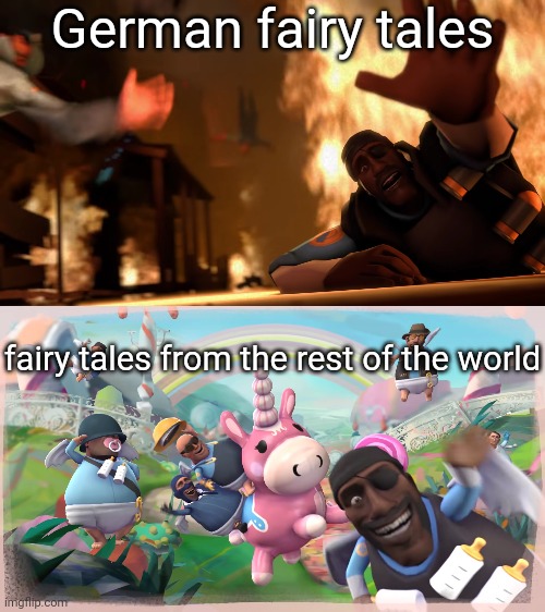 Imagination vs Reality reversed | German fairy tales; fairy tales from the rest of the world | image tagged in imagination vs reality reversed | made w/ Imgflip meme maker