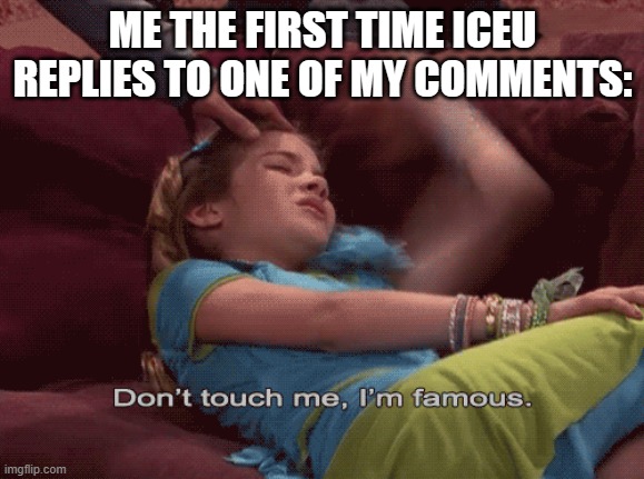 Literally me, before I realized that he replies to most of his meme's comments XD | ME THE FIRST TIME ICEU REPLIES TO ONE OF MY COMMENTS: | image tagged in don't touch me i'm famous | made w/ Imgflip meme maker