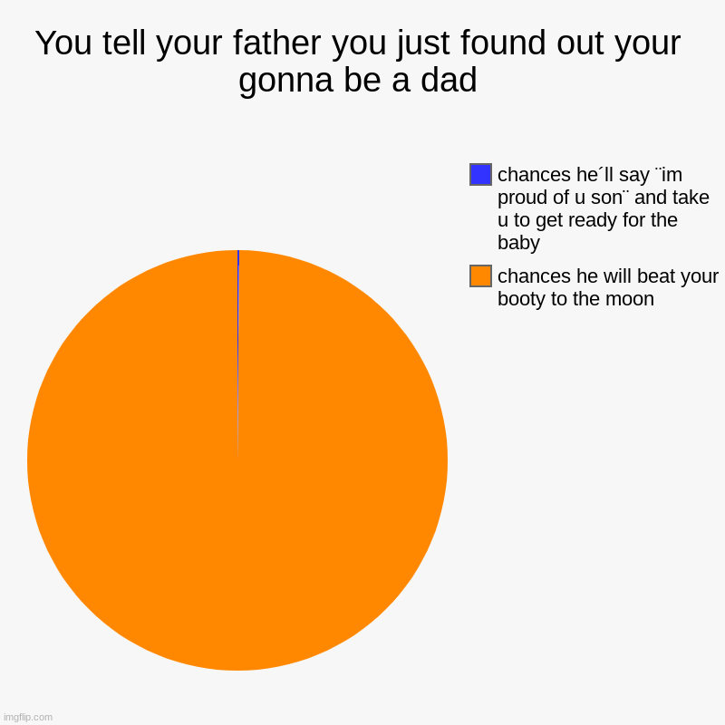 You tell your father you just found out your gonna be a dad | chances he will beat your booty to the moon, chances he´ll say ¨im proud of u  | image tagged in charts,pie charts | made w/ Imgflip chart maker