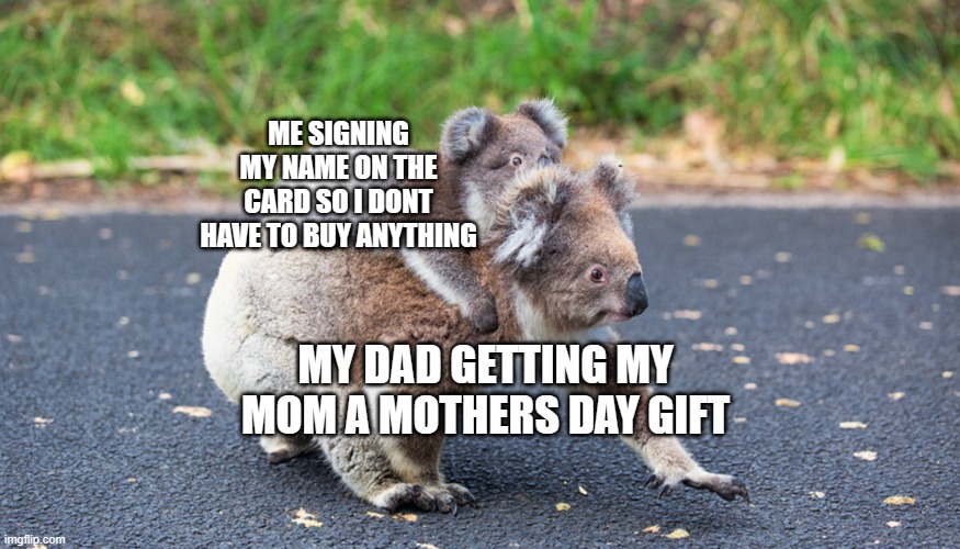 No chance I'm not the only one who does this :/ | ME SIGNING MY NAME ON THE CARD SO I DONT HAVE TO BUY ANYTHING; MY DAD GETTING MY MOM A MOTHERS DAY GIFT | image tagged in clingy koala | made w/ Imgflip meme maker