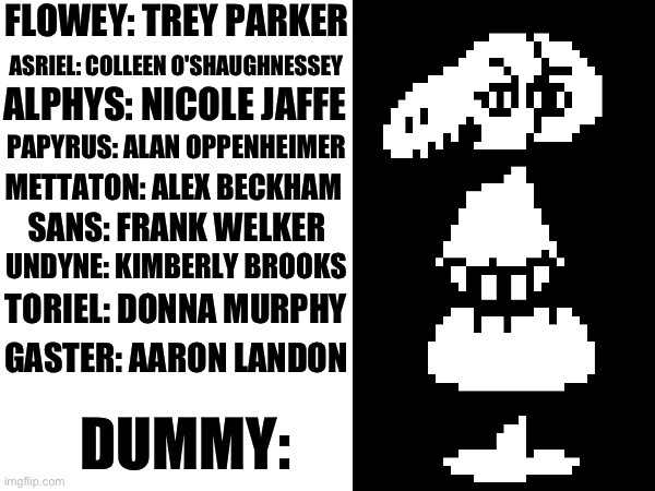 If Undertale characters had real voice actors, who would they be? Part 10 | FLOWEY: TREY PARKER; ASRIEL: COLLEEN O'SHAUGHNESSEY; ALPHYS: NICOLE JAFFE; PAPYRUS: ALAN OPPENHEIMER; METTATON: ALEX BECKHAM; SANS: FRANK WELKER; UNDYNE: KIMBERLY BROOKS; TORIEL: DONNA MURPHY; GASTER: AARON LANDON; DUMMY: | image tagged in undertale | made w/ Imgflip meme maker
