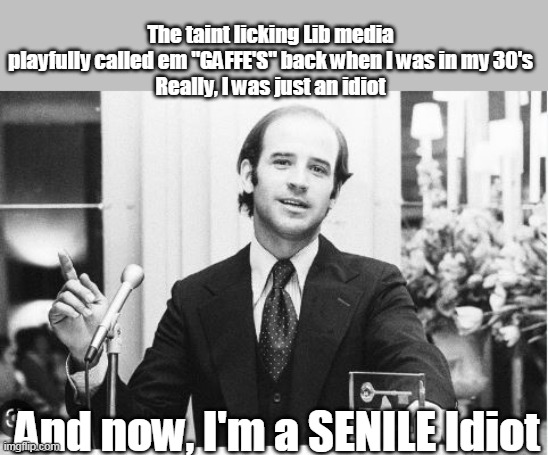 You say Gaffe, I say Moronic, tripping over his dick statements | The taint licking Lib media playfully called em "GAFFE'S" back when I was in my 30's
Really, I was just an idiot; And now, I'm a SENILE Idiot | image tagged in biden senile idiot potus | made w/ Imgflip meme maker