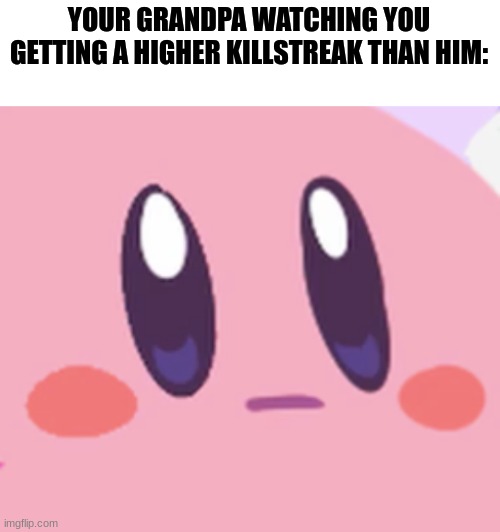 Blank Kirby Face | YOUR GRANDPA WATCHING YOU GETTING A HIGHER KILLSTREAK THAN HIM: | image tagged in blank kirby face | made w/ Imgflip meme maker