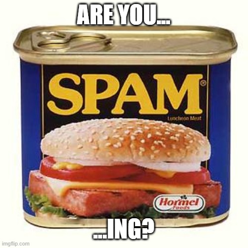 spam | ARE YOU... ...ING? | image tagged in spam | made w/ Imgflip meme maker