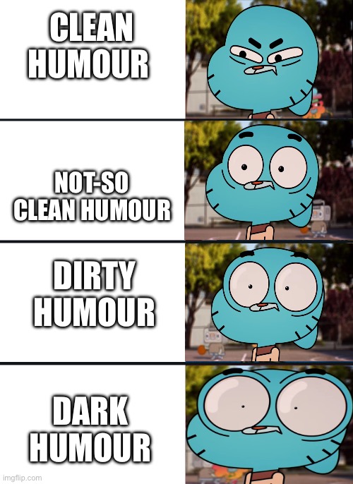 Gumball surprised | CLEAN HUMOUR; NOT-SO CLEAN HUMOUR; DIRTY HUMOUR; DARK HUMOUR | image tagged in gumball surprised | made w/ Imgflip meme maker