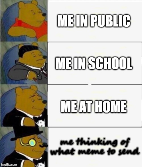 Tuxedo Winnie the Pooh 4 panel | ME IN PUBLIC; ME IN SCHOOL; ME AT HOME; me thinking of what meme to send | image tagged in tuxedo winnie the pooh 4 panel | made w/ Imgflip meme maker
