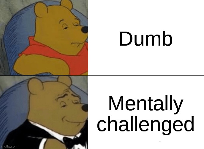 dum | Dumb; Mentally challenged | image tagged in memes,tuxedo winnie the pooh | made w/ Imgflip meme maker