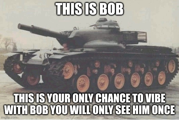 bob the tonk | THIS IS BOB; THIS IS YOUR ONLY CHANCE TO VIBE WITH BOB YOU WILL ONLY SEE HIM ONCE | image tagged in tonk | made w/ Imgflip meme maker