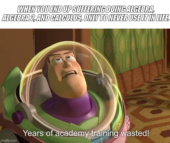 Explain when I'm going to use this, and I'll change the meme. | WHEN YOU END UP SUFFERING DOING ALGEBRA, ALGEBRA 2, AND CALCULUS, ONLY TO NEVER USE IT IN LIFE. | image tagged in years of academy training wasted | made w/ Imgflip meme maker