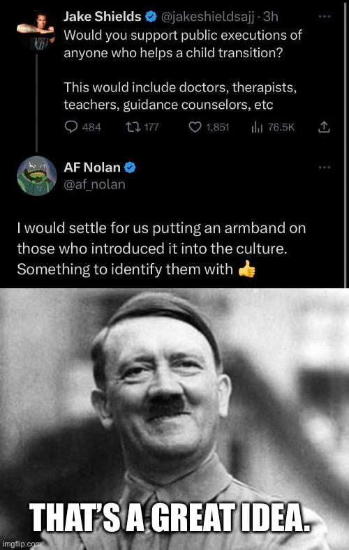 Who could’ve possibly seen this coming? | THAT’S A GREAT IDEA. | image tagged in adolf hitler,transphobic,lgbtq,nazi,twitter | made w/ Imgflip meme maker