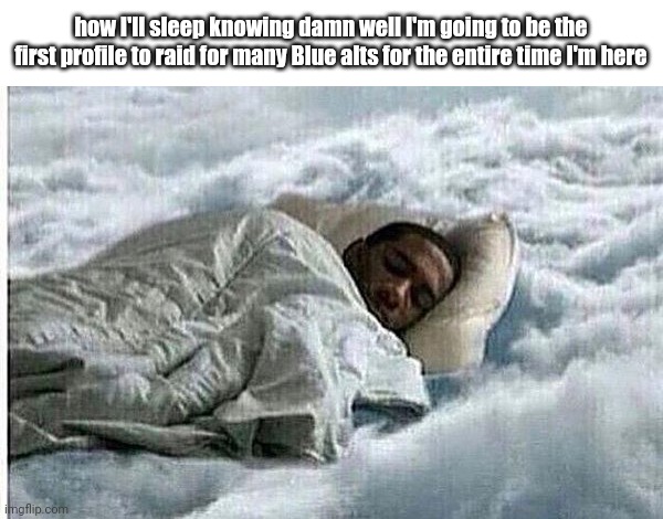 Might as well just simply not give a shit anymore. | how I'll sleep knowing damn well I'm going to be the first profile to raid for many Blue alts for the entire time I'm here | made w/ Imgflip meme maker