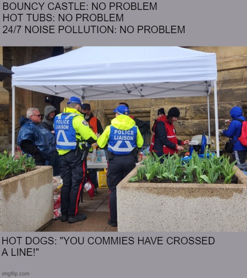 Hotdog Police | BOUNCY CASTLE: NO PROBLEM

HOT TUBS: NO PROBLEM

24/7 NOISE POLLUTION: NO PROBLEM; HOT DOGS: "YOU COMMIES HAVE CROSSED 
A LINE!" | image tagged in hotdog police | made w/ Imgflip meme maker