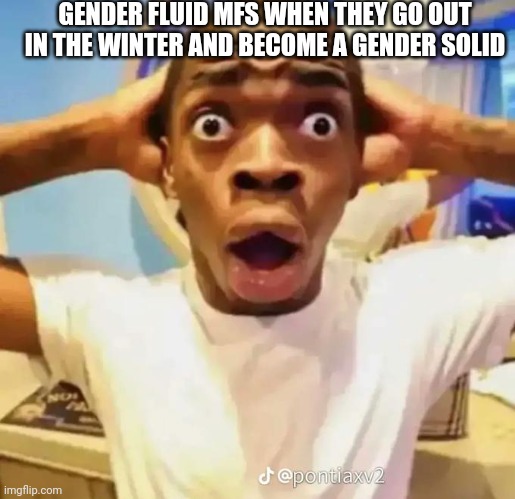 Shocked black guy | GENDER FLUID MFS WHEN THEY GO OUT IN THE WINTER AND BECOME A GENDER SOLID | image tagged in shocked black guy,memes,funny | made w/ Imgflip meme maker