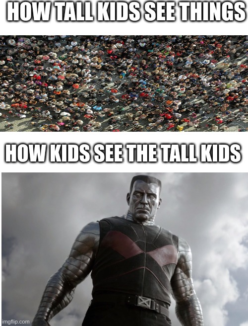 I'm glad to be a tall kid -compared to Colossus and I see more | HOW TALL KIDS SEE THINGS; HOW KIDS SEE THE TALL KIDS | image tagged in memes | made w/ Imgflip meme maker