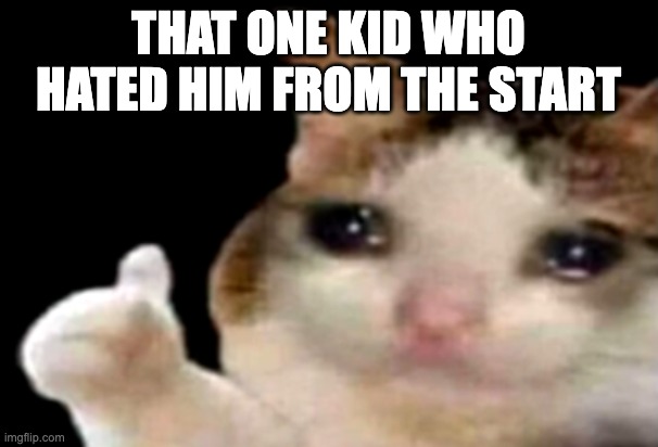 Sad cat thumbs up | THAT ONE KID WHO HATED HIM FROM THE START | image tagged in sad cat thumbs up | made w/ Imgflip meme maker