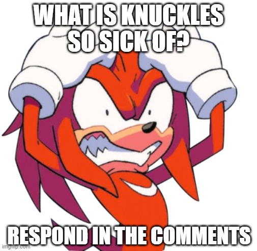 Hint: it has to do with Eggman's wife. | WHAT IS KNUCKLES SO SICK OF? RESPOND IN THE COMMENTS | image tagged in rage knuckles,knuckles,sonic the hedgehog,comments,why are you reading the tags | made w/ Imgflip meme maker