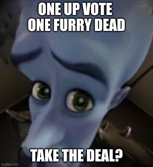 megamind no b | ONE UP VOTE 
ONE FURRY DEAD; TAKE THE DEAL? | image tagged in megamind no b | made w/ Imgflip meme maker