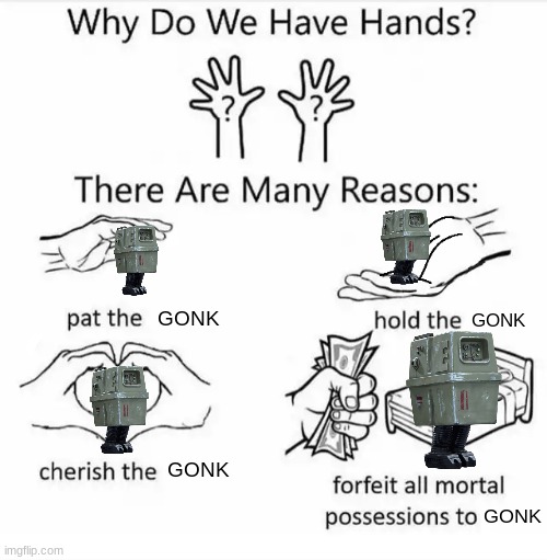 The entire Star Wars fanbase be like: | GONK; GONK; GONK; GONK | image tagged in why do we have hands all blank,gonk,star wars,funny,memes | made w/ Imgflip meme maker