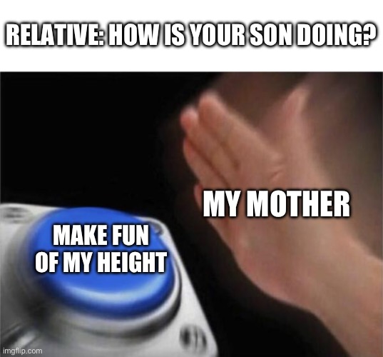 It’s annoying | RELATIVE: HOW IS YOUR SON DOING? MY MOTHER; MAKE FUN OF MY HEIGHT | image tagged in memes,blank nut button | made w/ Imgflip meme maker