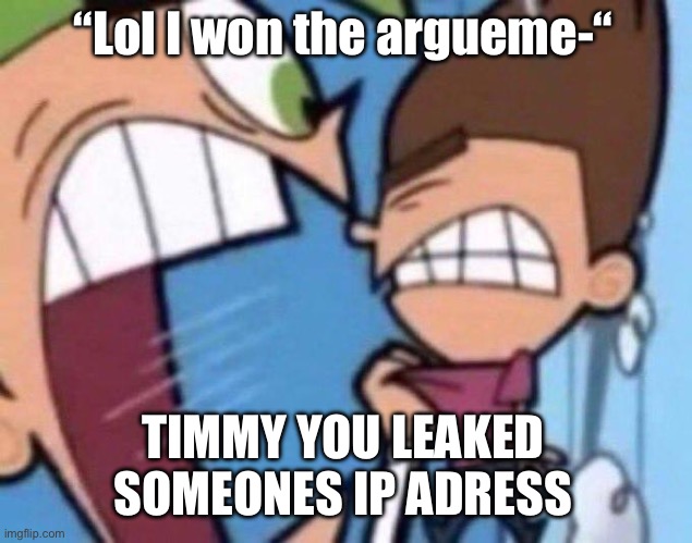 Cosmo yelling at timmy | “Lol I won the argueme-“ TIMMY YOU LEAKED SOMEONES IP ADRESS | image tagged in cosmo yelling at timmy | made w/ Imgflip meme maker