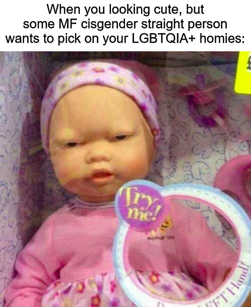 try me | When you looking cute, but some MF cisgender straight person wants to pick on your LGBTQIA+ homies: | image tagged in try me,lgbtq,lgbtqia,cute | made w/ Imgflip meme maker