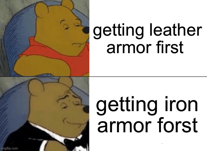 Iron armor | getting leather armor first; getting iron armor first | image tagged in memes,tuxedo winnie the pooh,minecraft | made w/ Imgflip meme maker