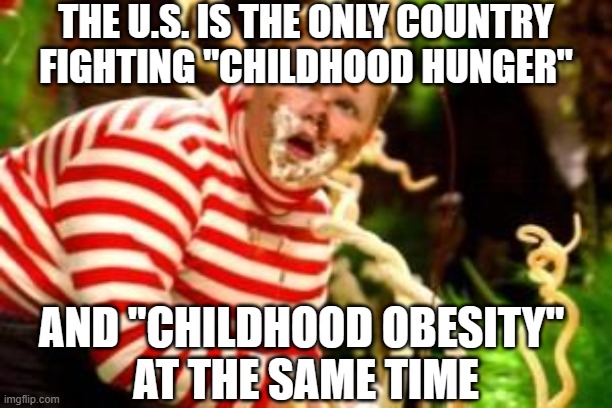 Fat kid eating candy  | THE U.S. IS THE ONLY COUNTRY FIGHTING "CHILDHOOD HUNGER"; AND "CHILDHOOD OBESITY" 
AT THE SAME TIME | image tagged in fat kid eating candy | made w/ Imgflip meme maker