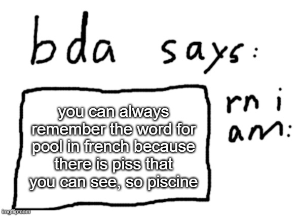 piscine | you can always remember the word for pool in french because there is piss that you can see, so piscine | image tagged in official badlydrawnaxolotl announcement temp | made w/ Imgflip meme maker