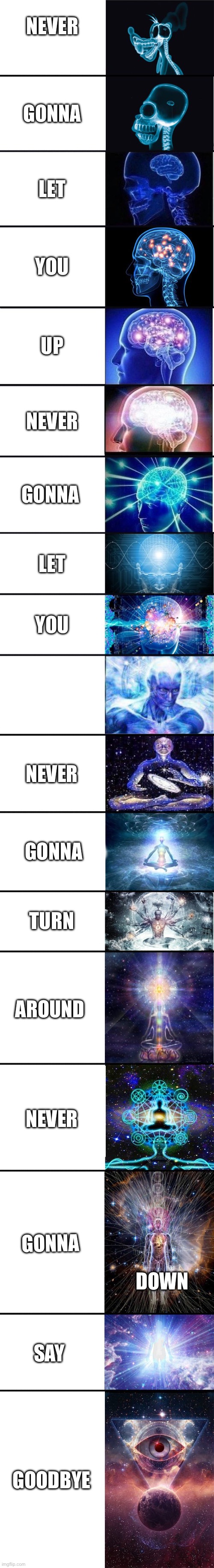 ;) click full image | NEVER; GONNA; LET; YOU; UP; NEVER; GONNA; LET; YOU; NEVER; GONNA; TURN; AROUND; NEVER; GONNA; DOWN; SAY; GOODBYE | image tagged in expanding brain 9001,rickroll | made w/ Imgflip meme maker