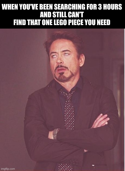Lego | WHEN YOU'VE BEEN SEARCHING FOR 3 HOURS
AND STILL CAN'T FIND THAT ONE LEGO PIECE YOU NEED | image tagged in memes,face you make robert downey jr | made w/ Imgflip meme maker