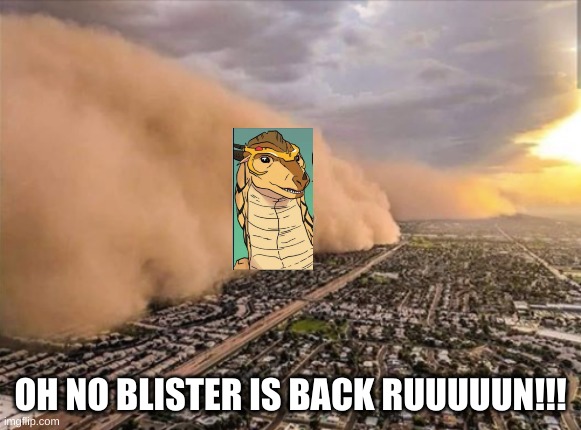 YET AGAIN ANOTHER SPOILER OF WINGS OF FIRE SO DON'T READ UNTIL YOU'VE FINISHED BOOK 5 | OH NO BLISTER IS BACK RUUUUUN!!! | image tagged in dust doge storm | made w/ Imgflip meme maker