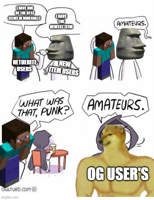Amateurs | I HAVE ONE OF THE BEST ITEMS IN MINECRAFT; I HAVE THE NEWEST ITEM; NETHERITE USERS; NEW ITEM USERS; OG USER'S | image tagged in amateurs | made w/ Imgflip meme maker