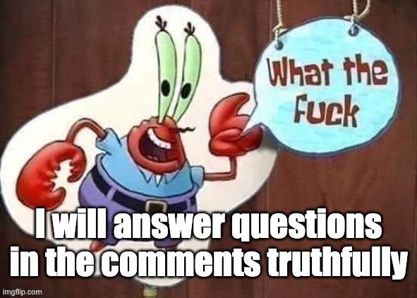 will i regret this? | I will answer questions in the comments truthfully | image tagged in what the mr krabs | made w/ Imgflip meme maker