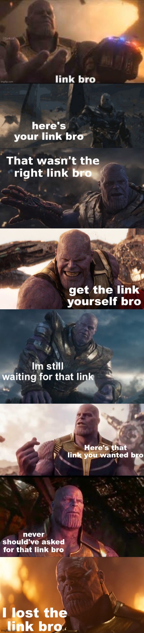 image tagged in link bro,here's your link bro,that wasn't the right link bro,get the link yourself bro,i m still waiting for that link | made w/ Imgflip meme maker