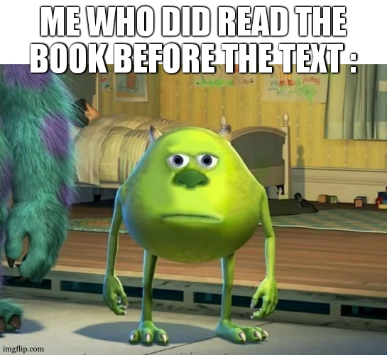 Mike Wazowski Bruh | ME WHO DID READ THE BOOK BEFORE THE TEXT : | image tagged in mike wazowski bruh | made w/ Imgflip meme maker