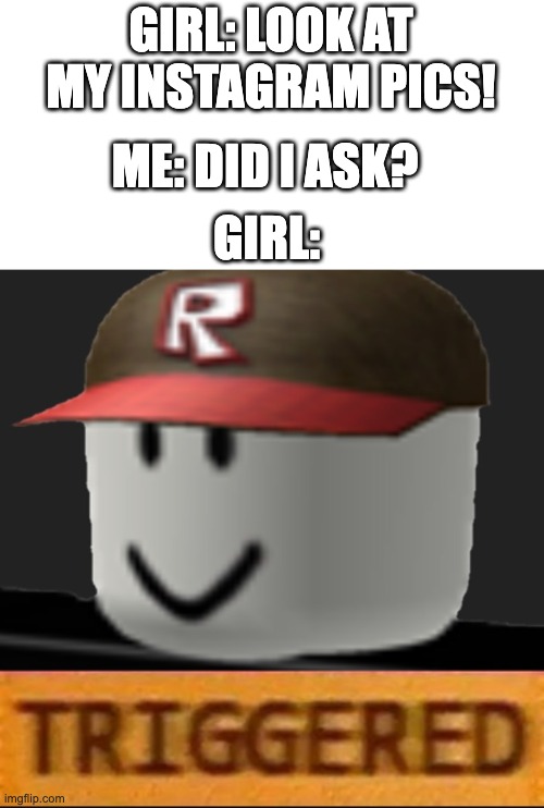 Roblox Triggered | GIRL: LOOK AT MY INSTAGRAM PICS! ME: DID I ASK? GIRL: | image tagged in roblox triggered | made w/ Imgflip meme maker