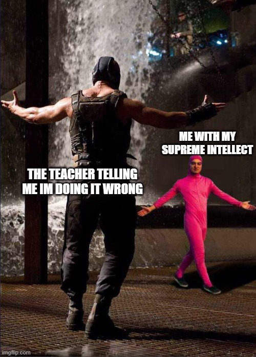 Pink Guy vs Bane | ME WITH MY SUPREME INTELLECT; THE TEACHER TELLING ME IM DOING IT WRONG | image tagged in pink guy vs bane | made w/ Imgflip meme maker