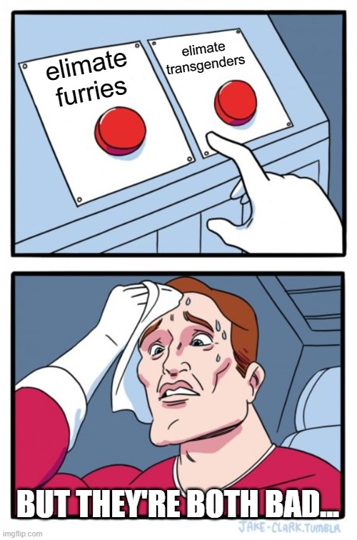 did i ask? nope.sad | elimate transgenders; elimate furries; BUT THEY'RE BOTH BAD... | image tagged in memes,two buttons | made w/ Imgflip meme maker