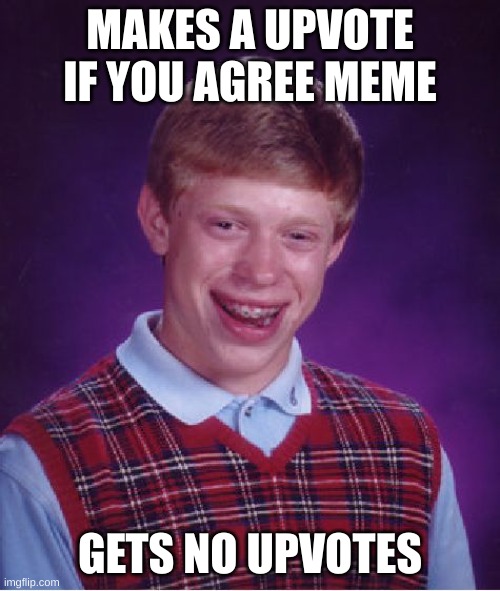 Bad Luck Brian Meme | MAKES A UPVOTE IF YOU AGREE MEME; GETS NO UPVOTES | image tagged in memes,bad luck brian | made w/ Imgflip meme maker
